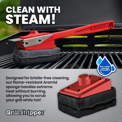 GRILL STRIPPER Bristle Free Grill Brush with Extra Sponge - Steam Grill Brush Bristle Free with Patent Pending Triple Scraper and Dishwasher Safe Replaceable Fire Resistant Steam Sponge
