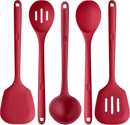 600ºF Heat Resistant Kitchen Utensil: U-Taste 13.6" Extra Long Silicone Cooking Tools Set, Food-Grade Non-Stick Solid and Slotted Turner Spatula, Mixing Spoon, and Soup Ladle (5 Pieces, Aqua Sky)
