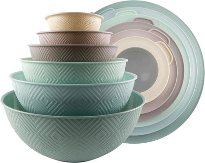 COOK WITH COLOR Mixing Bowls with Lids - 12 Piece Plastic Nesting Bowls Set includes 6 Prep Bowls and 6 Lids, Microwave Safe Mixing Bowl Set, Pink Embossed - Colors A
