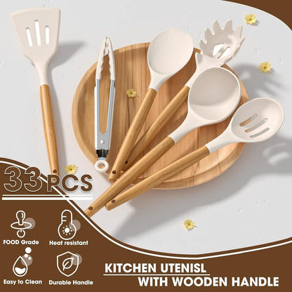 33-Piece Silicone Kitchen Cooking Utensils Set with Holder| Heat-Resistant | Non-Stick Cooking Utensils with Wooden Handles – BPA-Free Cookware Utensils set | Kitchen Tools Great for Gifting (GREEN)