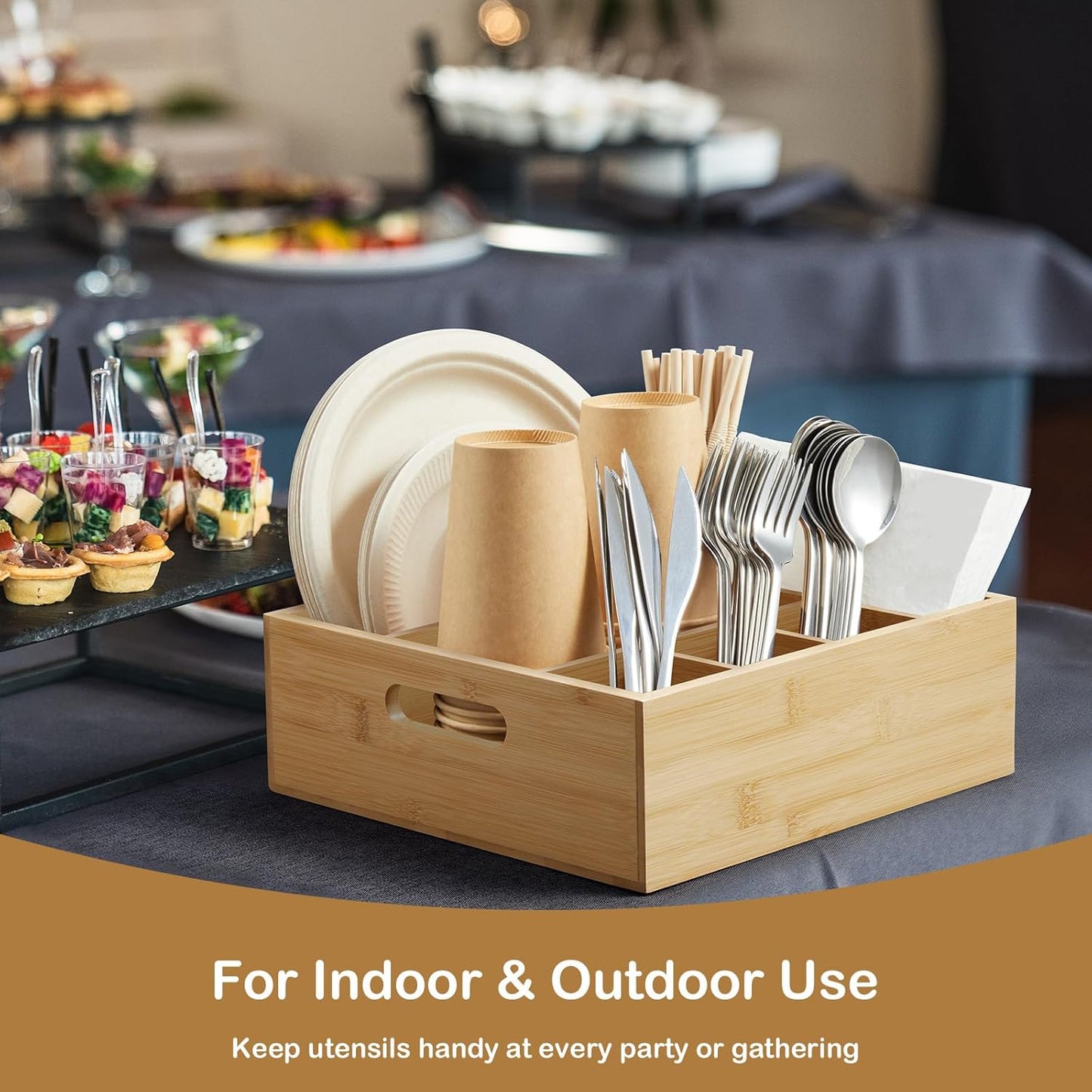 Acacia Wood Utensil Holder for Party, 6-Compartment Paper Plate and Silverware Organizer with Handles, Rustic Utensil Caddy for Parties, Outdoor Gatherings, and Kitchen Countertop Organization