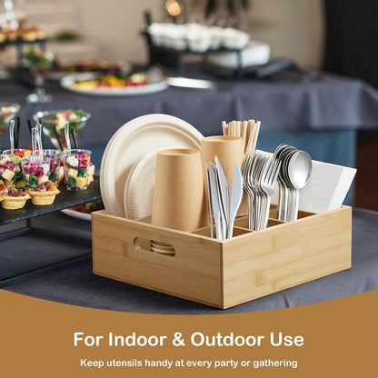 Acacia Wood Utensil Holder for Party, 6-Compartment Paper Plate and Silverware Organizer with Handles, Rustic Utensil Caddy for Parties, Outdoor Gatherings, and Kitchen Countertop Organization