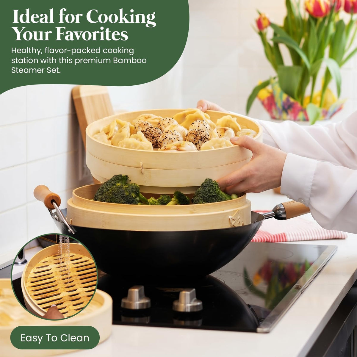 Bamboo Steamer Basket Set, 10 Inch 2-Tier Steamer with Stainless Steel Ring, Chopsticks, Sauce Dishes & 50 Paper Liners
