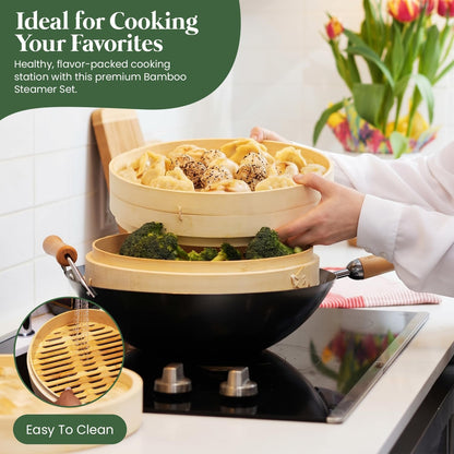 Bamboo Steamer Basket Set, 10 Inch 2-Tier Steamer with Stainless Steel Ring, Chopsticks, Sauce Dishes & 50 Paper Liners
