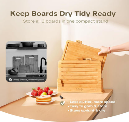 Bamboo Cutting Boards for Kitchen Set of 3, Large 14’’ x 10’’ with Holder, Wooden Cutting Board with Juice Groove & Labels for Meat Vegetables Bread | Coktaseleg