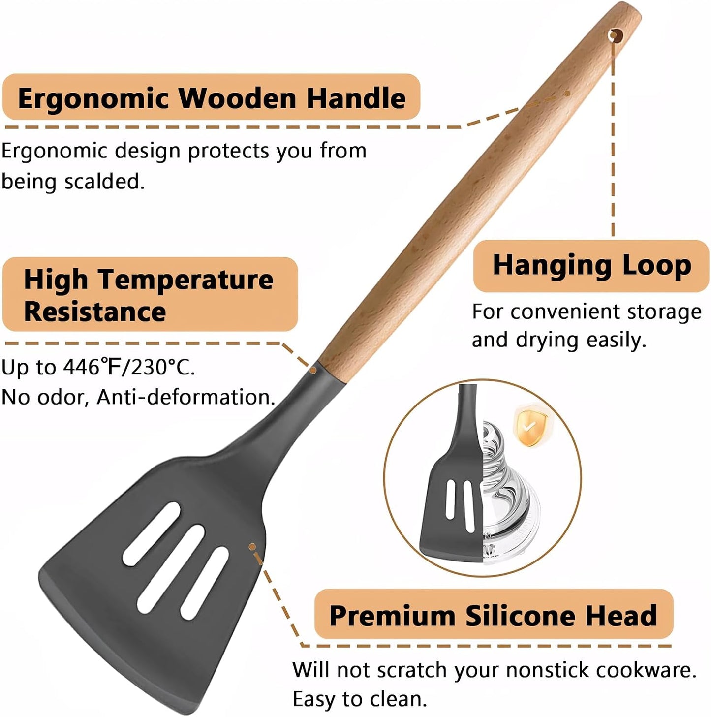 Kitchen Cooking Utensils Set, 6Pcs Silicone Kitchen Utensils Set Spatula Spoon Soup Ladle Turner, Heat Resistant Wooden Handle Silicone Cooking Gadgets for Nonstick Cookware & Baking BPA FREE