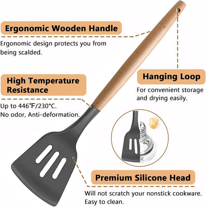 Kitchen Cooking Utensils Set, 6Pcs Silicone Kitchen Utensils Set Spatula Spoon Soup Ladle Turner, Heat Resistant Wooden Handle Silicone Cooking Gadgets for Nonstick Cookware & Baking BPA FREE