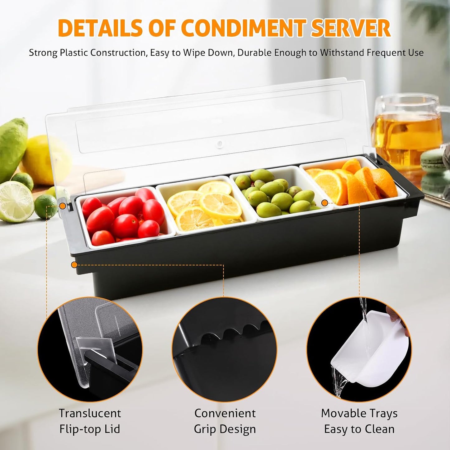 WICHEMI Fruit, Veggie & Condiment Caddy with Lid Dispenser Tray Plastic Garnish Station for Bartending & Serving Taco, Ice Cream, Salad Bar - Topping Organizer for Restaurant Supplies (3 Compartment)