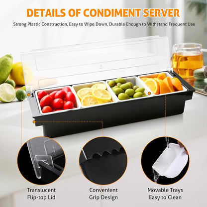 WICHEMI Fruit, Veggie & Condiment Caddy with Lid Dispenser Tray Plastic Garnish Station for Bartending & Serving Taco, Ice Cream, Salad Bar - Topping Organizer for Restaurant Supplies (3 Compartment)