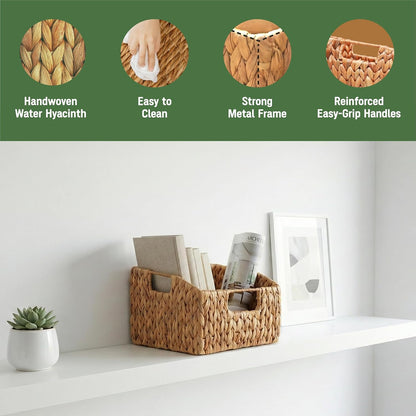 Set of 2 Wicker Pantry Basket – Handwoven Water Hyacinth Wicker Storage Baskets with Handles – Decorative Woven Baskets for Kitchen, Shelves & Organizing