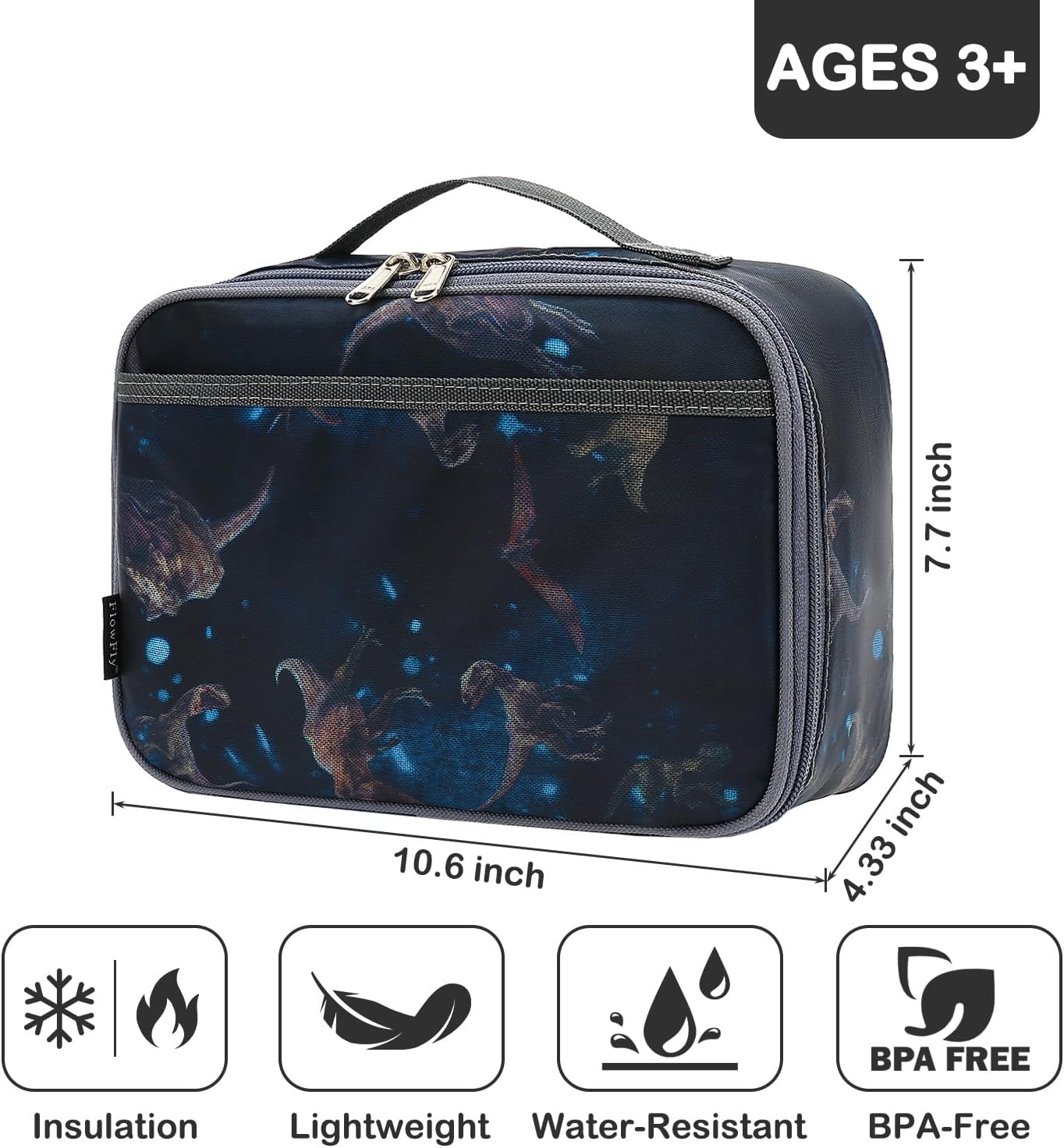FlowFly Kids Lunch box Insulated Soft Bag Mini Cooler Back to School Thermal Meal Tote Kit for Girls, Boys, Black