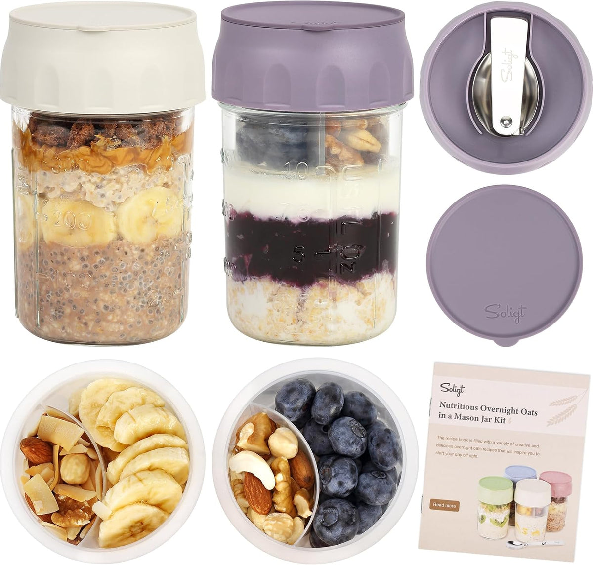 SOLIGT 4 Pack Overnight Oats Containers with Lids, Folding Spoons and Divided Compartments for Fruit & Nuts, Small Glass 16oz Mason Jars for Oatmeal (4 Set-Oat White/Green/Rose/Blue)