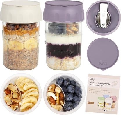 SOLIGT 4 Pack Overnight Oats Containers with Lids, Folding Spoons and Divided Compartments for Fruit & Nuts, Small Glass 16oz Mason Jars for Oatmeal (4 Set-Oat White/Green/Rose/Blue)