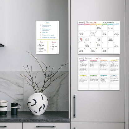 Non-Magnetic Dry Erase List for Fridge - Reusable 8"x11.5" List and Weekly Planning Board Stick to Most Smooth Surfaces - 3 Dry Erase Markers Included