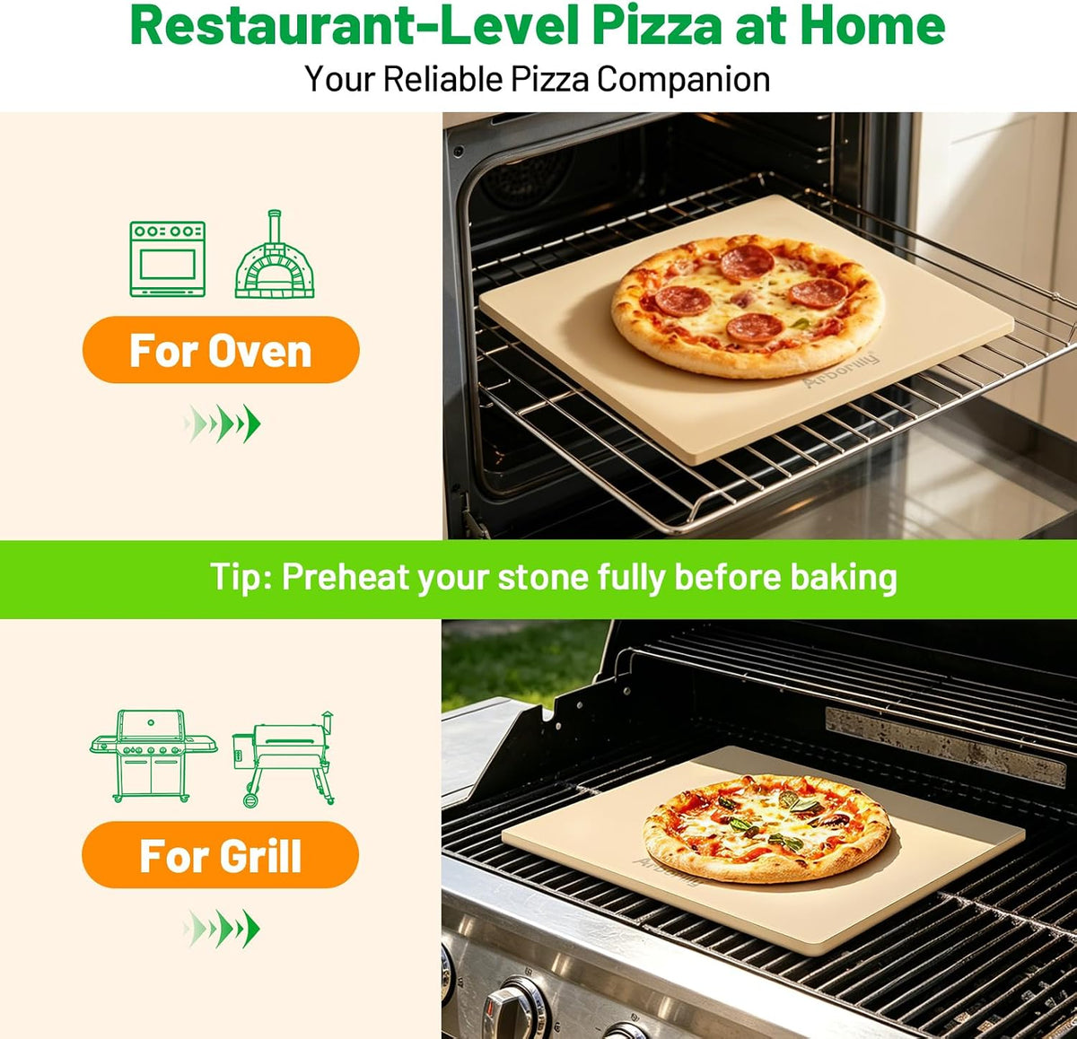 Cordierite Pizza Stone for Oven & Grill, 15 x 12 Inch Rectangular
