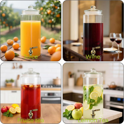 Glass Drink Dispensers For Parties, 1.5 Gallon Beverage Dispenser With Glass Airtight Lids, Gold Metal Stand And Stainless Steel Spigot. Lemonade & Juice Dispenser With Chalk board-One Pack