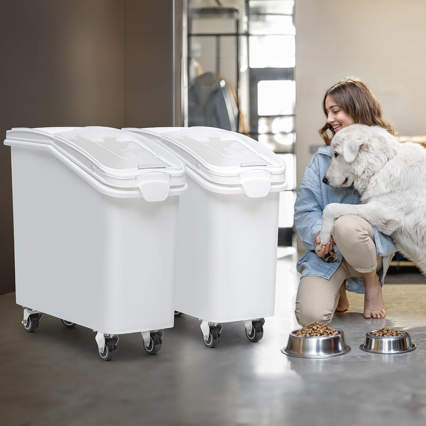 YITAHOME 50L/90lb Large Ingredient Flour Storage Bin, Commercial 11.4-Gallon Rice Storage Container 280 Cups Bulk Flour storage Bins with Wheels,Scoop,Lid and scale, Rice Bin for Kitchen, White