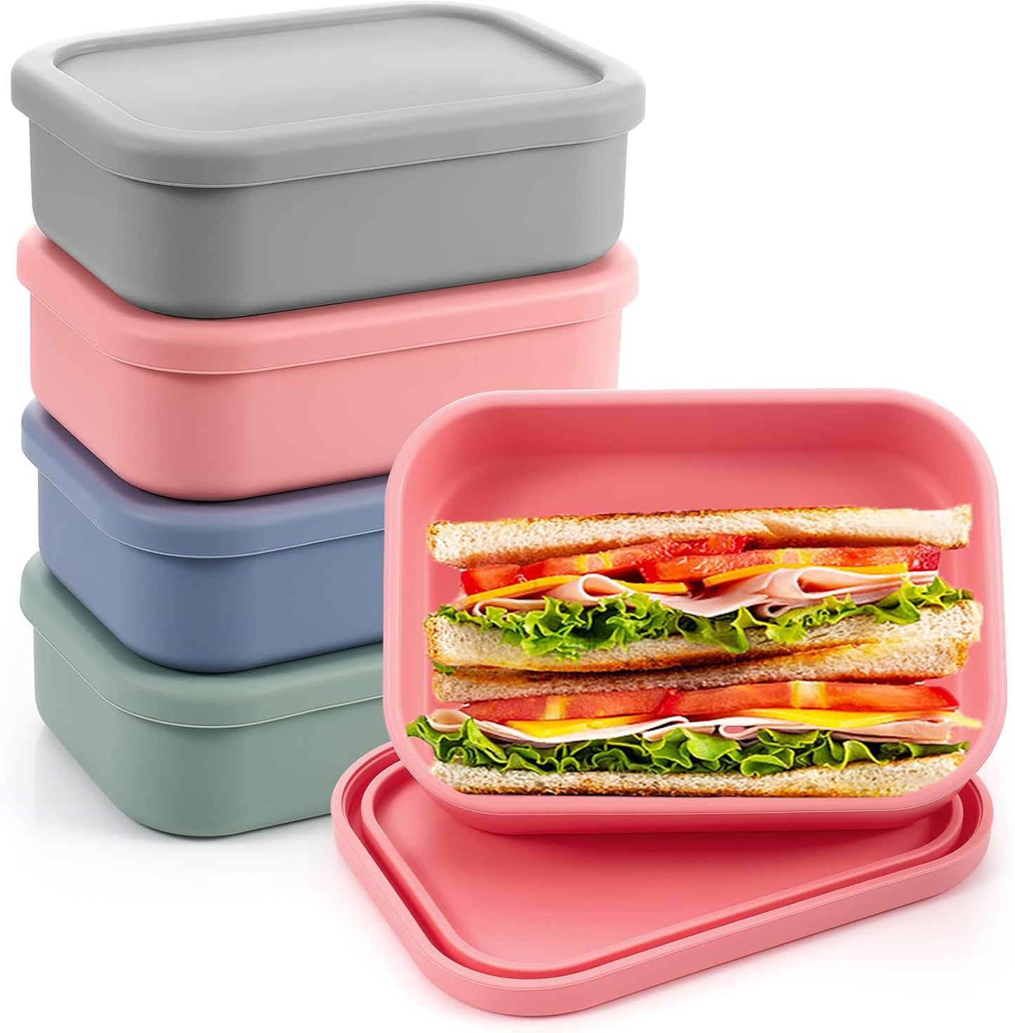 Layhit 4 Pcs Silicone Bento Box Lunch Box for Adult, 23.7 oz Reusable Sandwich Containers Food Storage with Lids Airtight for Lunch Meals Snacks, Dishwasher Freezer Safe (Matte Multicolor)