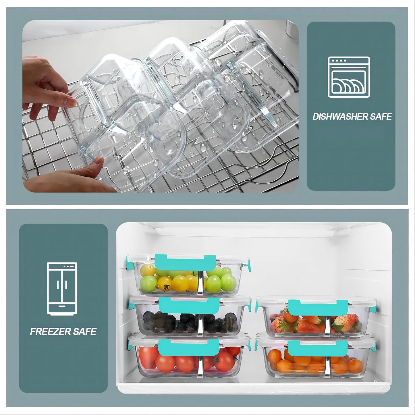 KOMUEE Glass Meal Prep Containers 3 Compartments, 5 Pack 36 oz, Glass Food Storage Containers with Lids, Airtight Lunch Bento Box, Portion Control, Freezer and Microwave Safe