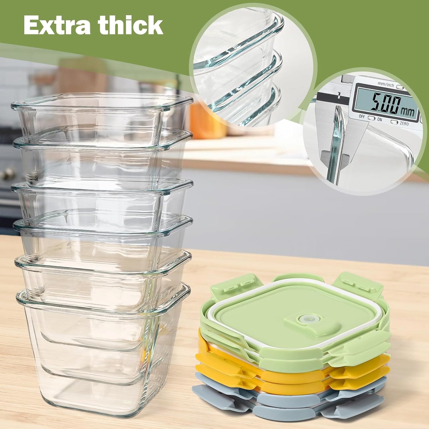 Glass Soup Containers with Lids 32oz - Borosilicate Glass Storage Containers 4 Cup, Freezer to Microwave Safe, Airtight Leak Proof, Square Meal Prep Containers for Lunch Travel- 6 Pack
