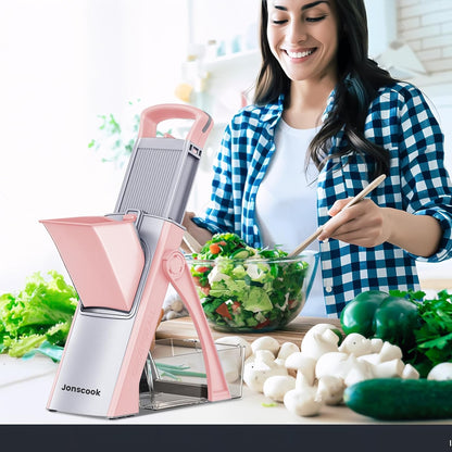 Jonscook All-in-1 Update Safe Mandoline Slicer for Kitchen, Food Chopper with Container, Thickness Adjustable Vegetable Chopper, Potato French Fry Cutter Tomato Apple Slicer Onion (BlackKnight)