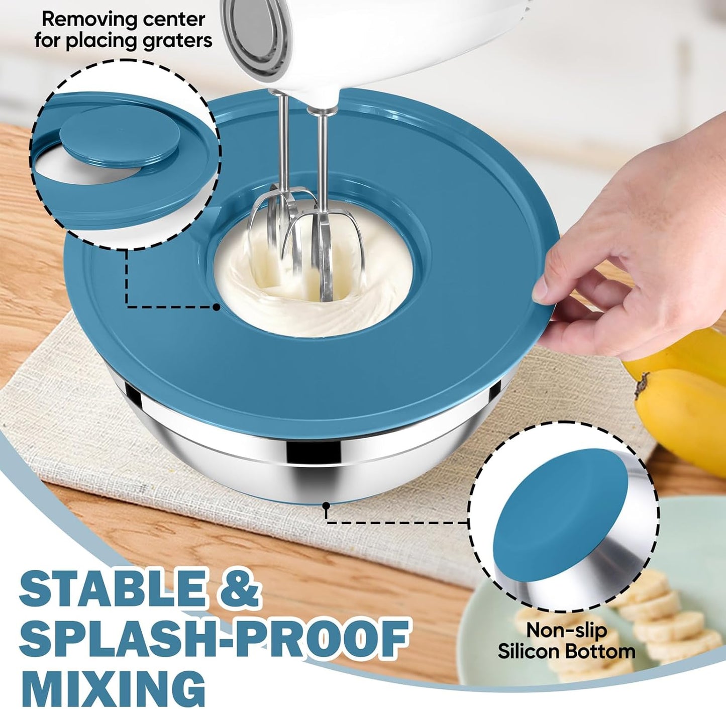 E-far 25PCS Mixing Bowls with Lid Set, Stainless Steel Nesting Prep Bowls with Grater Attachments Non-Slip Bottoms for Cooking, Serving, Food Storage, 4.6/2.6/2/1.5/1/0.7QT - Khaki