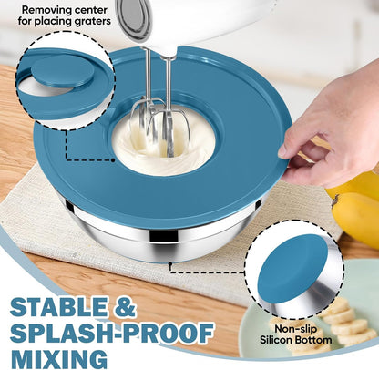 E-far 25PCS Mixing Bowls with Lid Set, Stainless Steel Nesting Prep Bowls with Grater Attachments Non-Slip Bottoms for Cooking, Serving, Food Storage, 4.6/2.6/2/1.5/1/0.7QT - Khaki