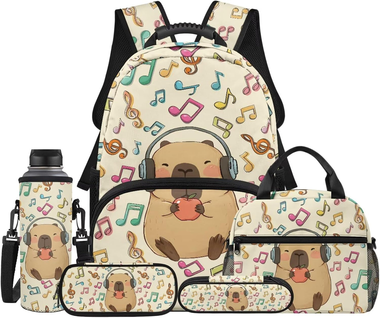 Highland Cow Backpack with Lunch Box Set for Kids Sunflower School Backpack for Girls Boys Back to School Bag Student Travel Backpacks Reusable Utensils Pen Case Water Bottle Bag 5PCS
