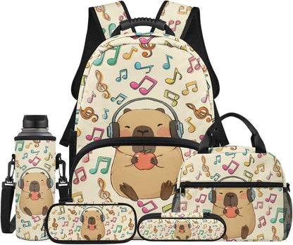 Highland Cow Backpack with Lunch Box Set for Kids Sunflower School Backpack for Girls Boys Back to School Bag Student Travel Backpacks Reusable Utensils Pen Case Water Bottle Bag 5PCS