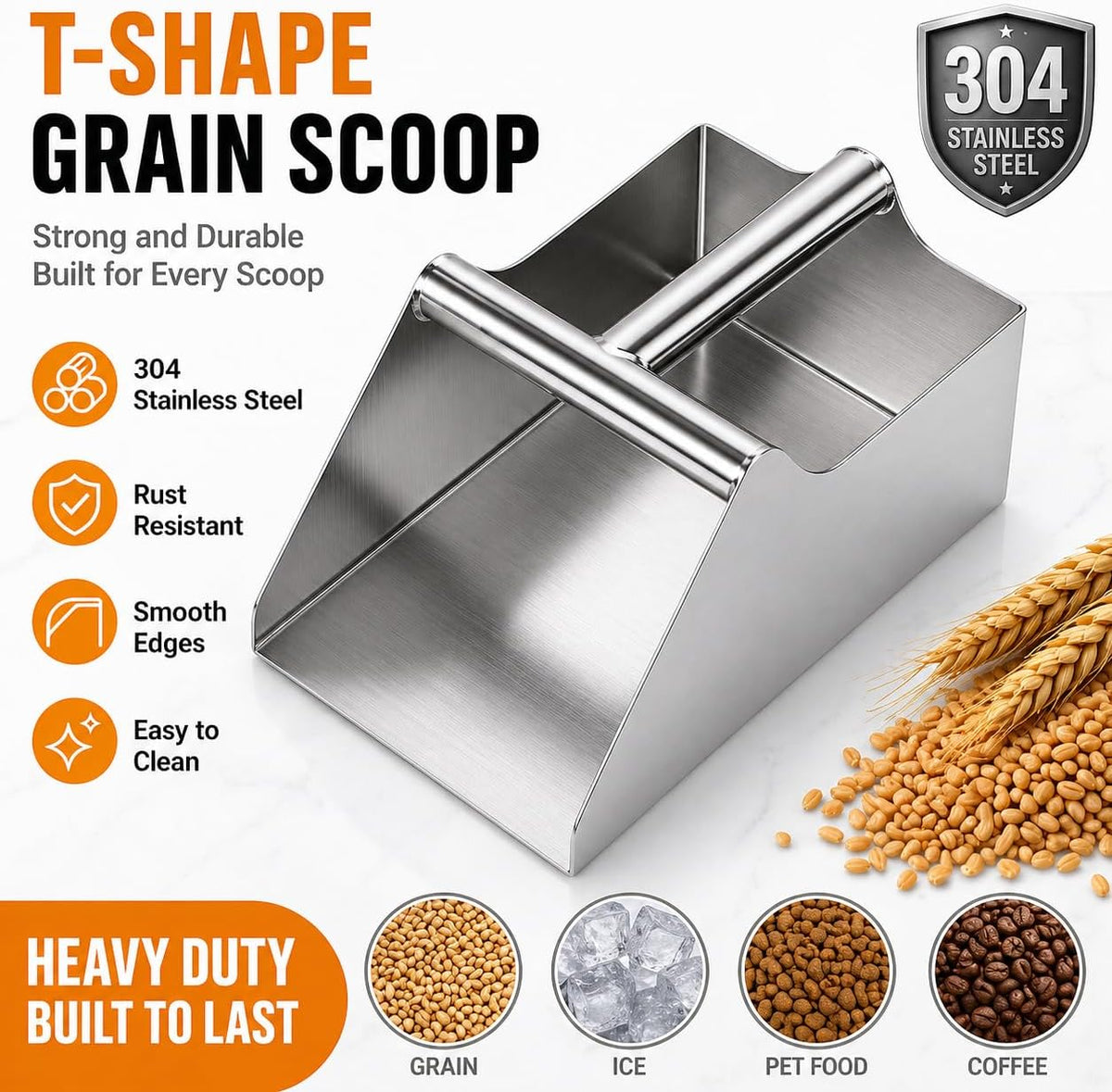 304 Stainless Steel Ice Scoop, Large 6-inch Metal Flour Scoop 50 Ounce