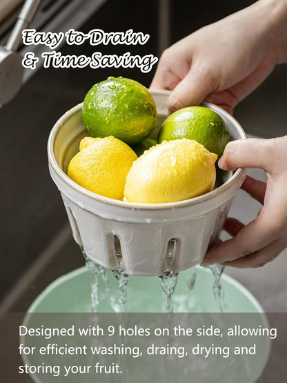 Gomakren Berry Bowls with Holes Ceramic, Berry Washing Bowl Basket Set of 2, 5.8 Inch Round Fruit Bowl Storage Containers, Strawberry Baskets, Farmhouse Kitchen Decor, Yellow + Brown
