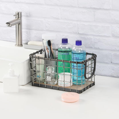 11.5" Wide Rectangular Sturdy Hand Welded Farmhouse Metal Wire Basket with Rustic Wooden Bottom For Shelves, Closet Storage Bins for Shelves. Also For Laundry, Towel, Spice Rack, Tool Box (11.5"x7")