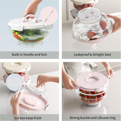 MANO 2pack Large Iced Salad Bowl with Lid and Utensils to Go Ice Chilled Food Serving Containers with Handles for Fruit Veggie Storage for Fridge Refrigerator Party Camping, Picnic, Beige