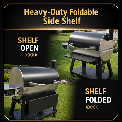 QuliMetal Folding Front Shelf for Traeger Pro 34, Texas Elite 34, Century 885 and Eastwood 34, 37" x 12" Heavy-Duty Grill Prep Table with Cutting Board, Stainless Steel Basin, Lid and 5 Hooks