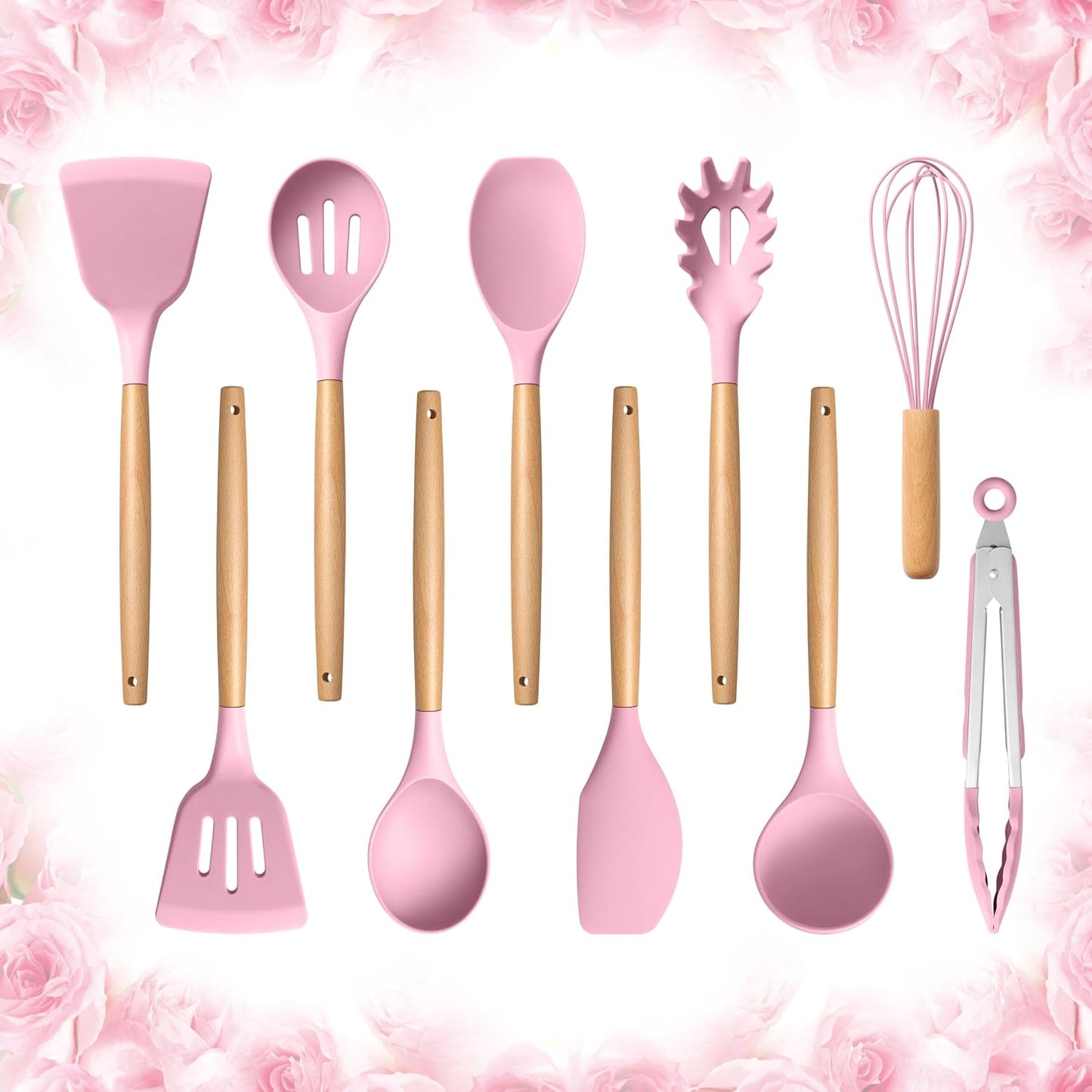 E-far Silicone Cooking Utensils Set, 5-Piece Kitchen Utensils Set with Wooden Handle for Cooking, Silicone Kitchen Nonstick Tools Spatula Turner Slotted Spoons, Nontoxic & Heat Resistant-Khaki
