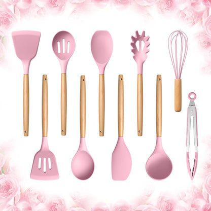 E-far Silicone Cooking Utensils Set, 5-Piece Kitchen Utensils Set with Wooden Handle for Cooking, Silicone Kitchen Nonstick Tools Spatula Turner Slotted Spoons, Nontoxic & Heat Resistant-Khaki