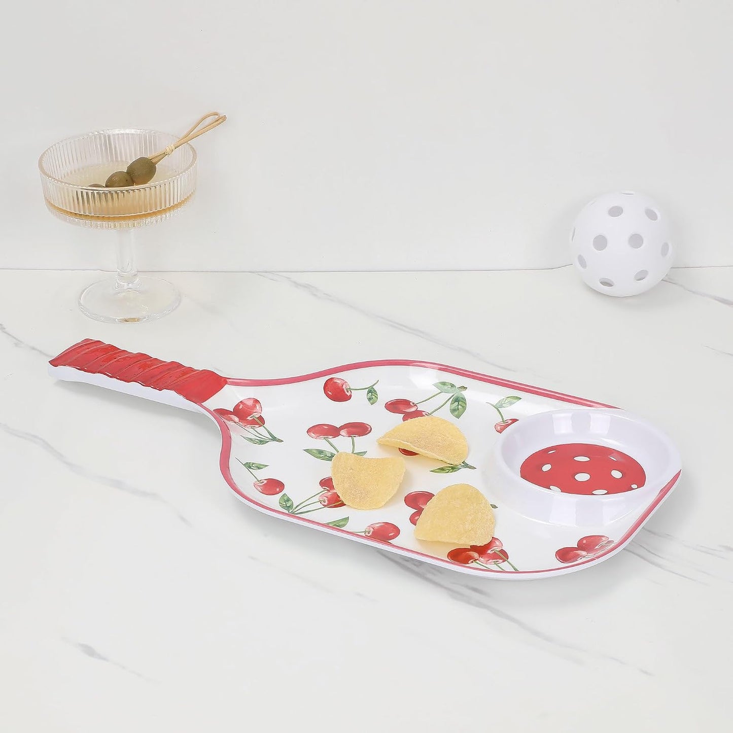 UPware Flamingo Melamine Chip and Dip Snack Tray, Tropical Floral Pickleball Paddle Shape Platter for Chips, Salsa, Fruits, and Appetizers, 15.75 x 8 Inch