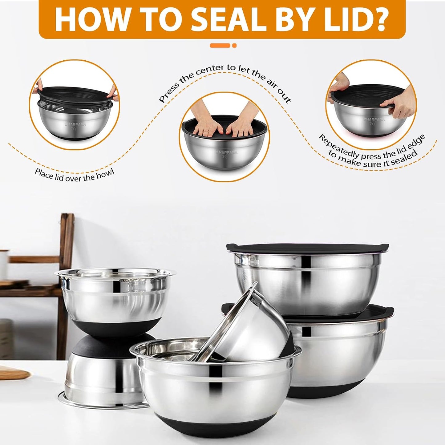 CHAREADA Mixing Bowls with Airtight Lids, 18pcs Stainless Steel Nesting Mixing Bowls Set Non-slip Silicone Bottom, Size 4.5, 3.6, 2.7, 2.1, 1.7, 1.1, 0.7 qt, Fit for Mixing & Serving(Colorful)