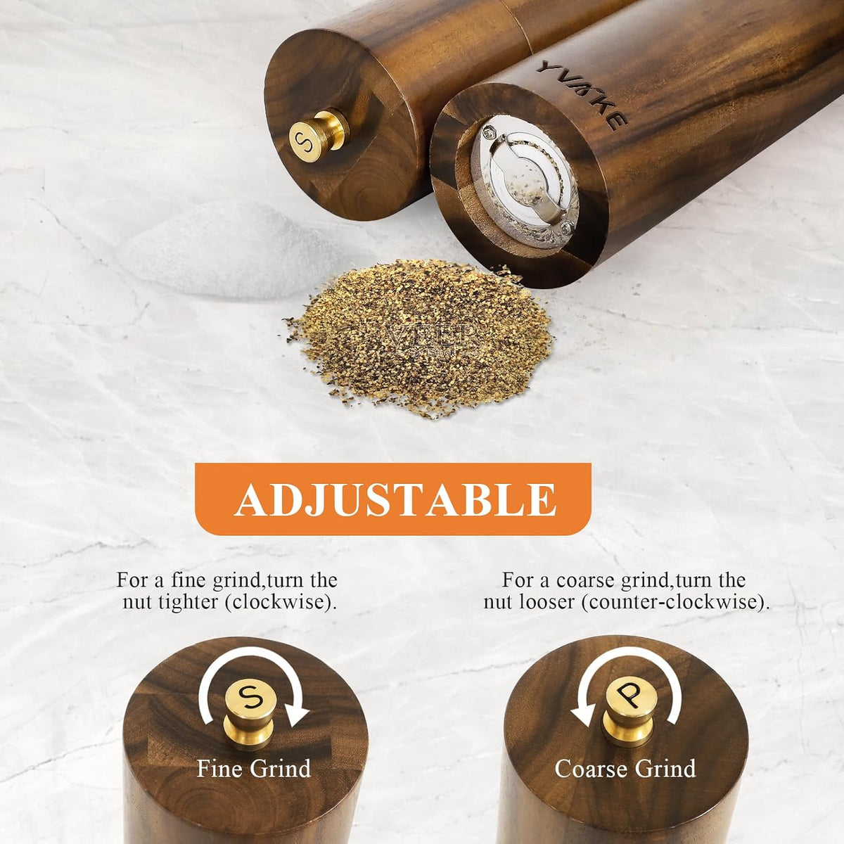 8 Inch Manual Wooden Salt and Pepper Grinder, Refillable Mill