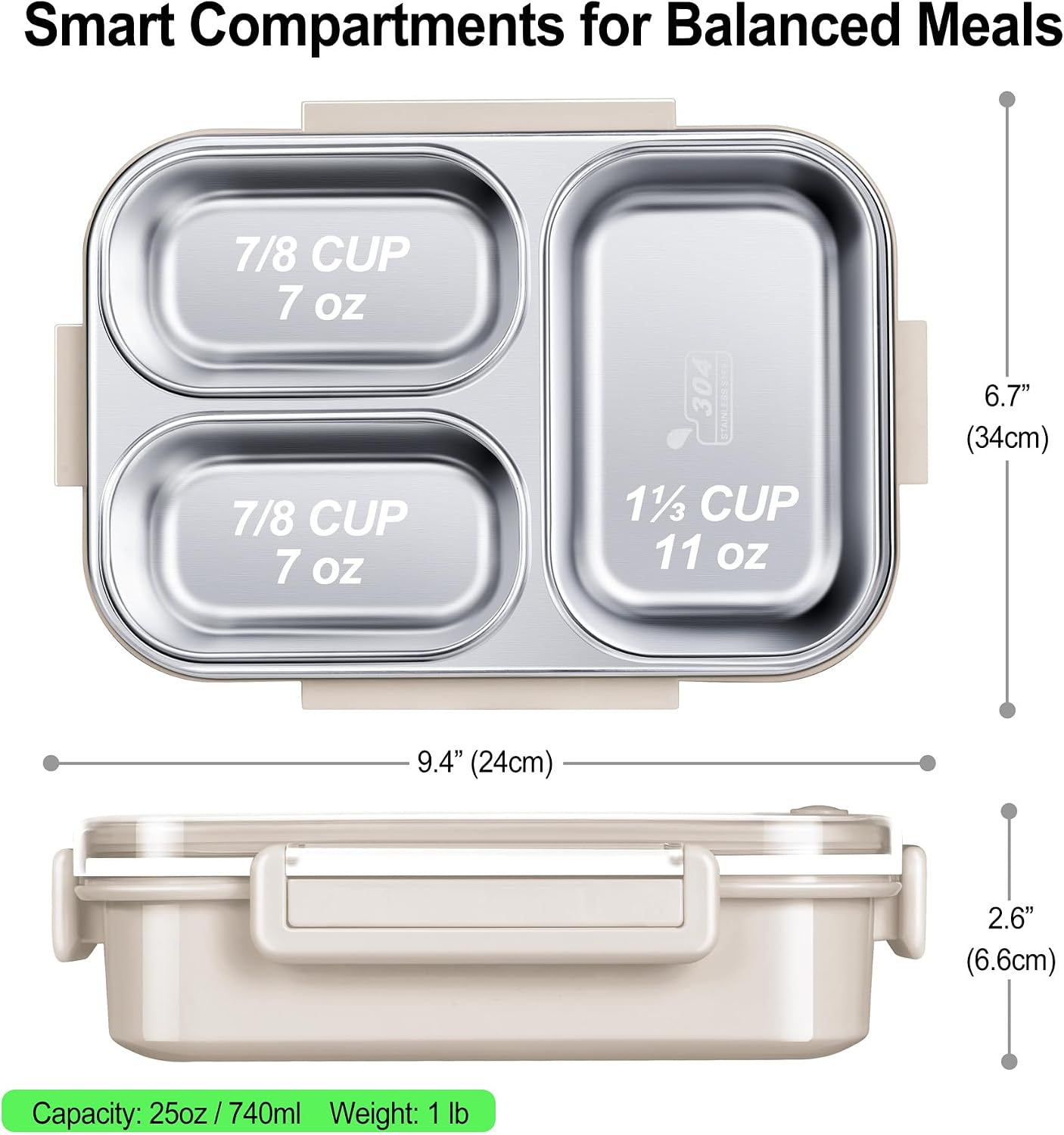 KTKUDY Stainless Steel Bento Box for Kids & Adults - 25 oz - Leakproof 3 Compartment Metal Lunch Container - 18/8 Stainless Steel Lunch Box Kids - Ideal for School, Office & Outdoor (Cream)