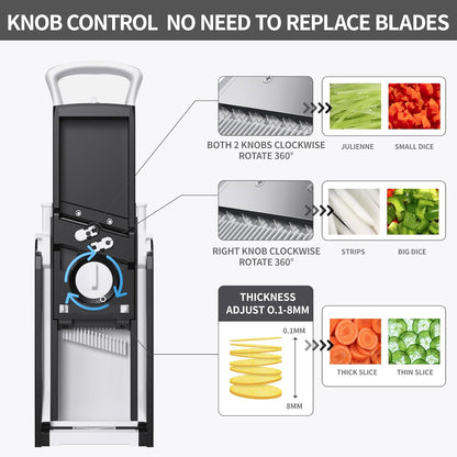 8 in 1 Mandoline Slicer for Kitchen, Vegetable Chopper, Potato Slicer, Fry Cutter Onion Chopper with Drain Basket Food Container with Lid, Stainless Steel Cheese Grater for Quick Meal Pre (Black)