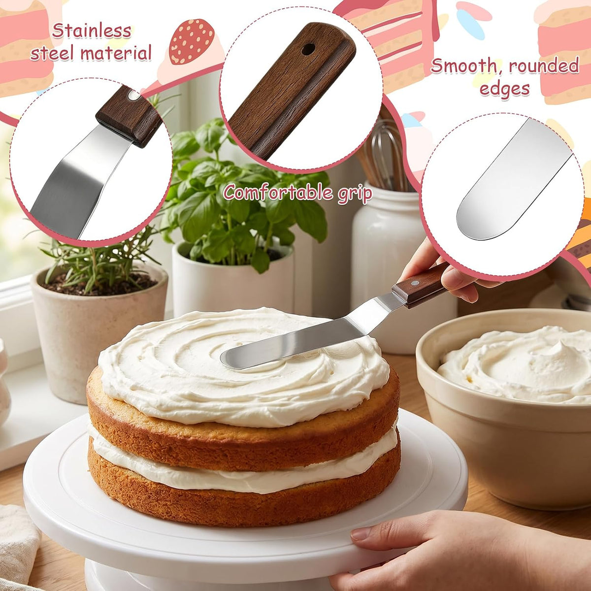 Angled Icing Spatula, 6" Blade Stainless Steel Offset Spatula Small Cake Knife Frosting Spatulas with Wooden Handle Professional Cake Scraper for Cakes Decorating Pastry & Baking