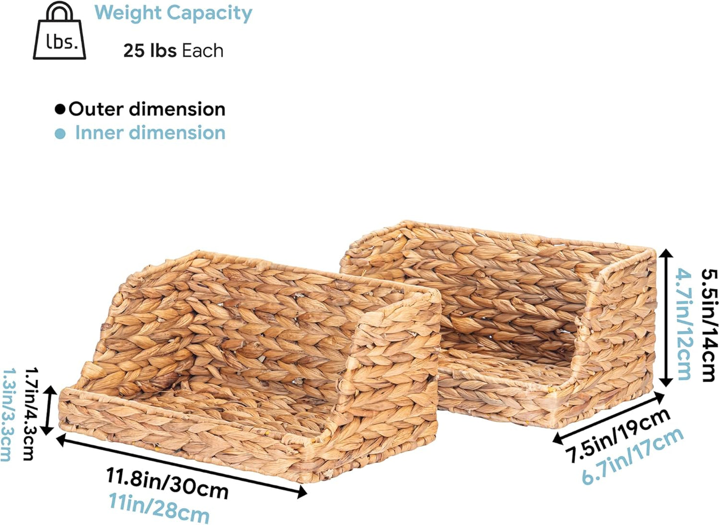 VATIMA Water Hyacinth Storage Baskets with Large Open-Front for Kitchen, Decorative for Living Room, 13.4” x 9.5” x 5.5”, 2 Pack
