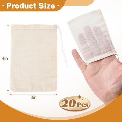 20 Pcs Muslin Bags with Drawstring, Reusable Tea Bags, Spice Bags for Cooking Soup/Herb/Loose Leaf Tea, Natural Cotton Small Cheese Cloth Bag for Straining, Sachet Bags Empty, 4 X 3 Inches