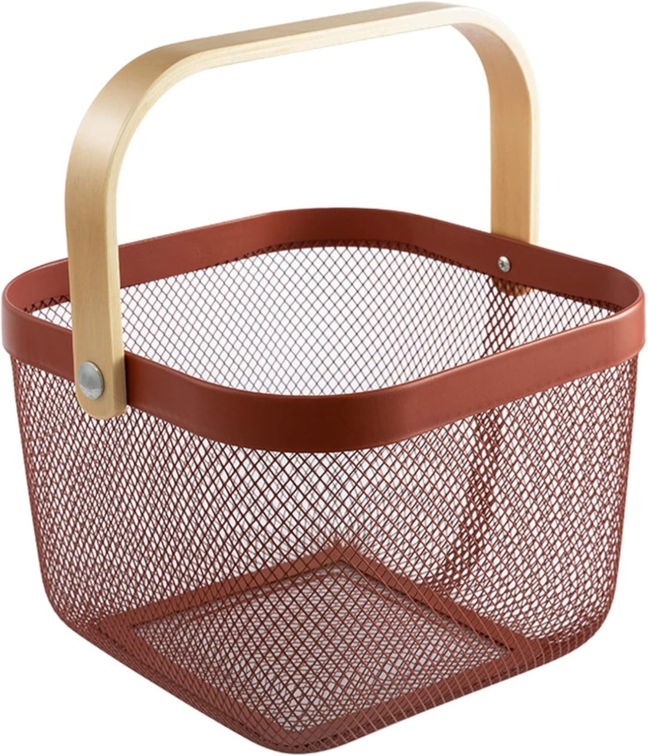 AJIODA Metal Mesh Steel Basket, Storage Organizer Basket Multi-functional Hanging Kitchen Baskets Fruit Basket Bin with Bamboo Handle for Kitchen Bathroom Picnic Shopping Decor Cabinet Home, Blue