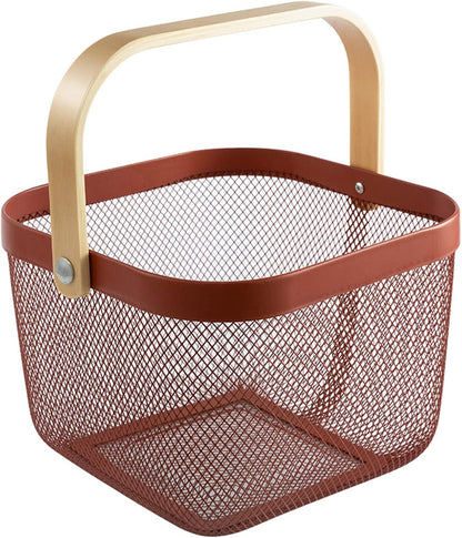 AJIODA Metal Mesh Steel Basket, Storage Organizer Basket Multi-functional Hanging Kitchen Baskets Fruit Basket Bin with Bamboo Handle for Kitchen Bathroom Picnic Shopping Decor Cabinet Home, Blue