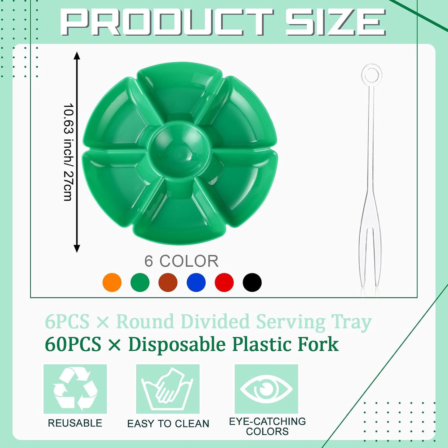 Zhehao 6 Pcs Plastic Divided Serving Trays with 60 Pcs Disposable Fork, 7 Compartments Round Chip Dip Plate, Petal Shape Platter, 10.6'' Snacks Serving Dish for Party Candy Nuts Fruits (Vibrant Color)