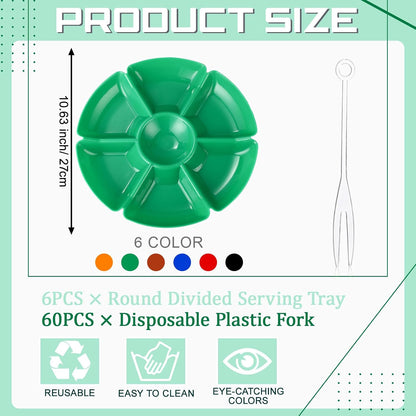 Zhehao 6 Pcs Plastic Divided Serving Trays with 60 Pcs Disposable Fork, 7 Compartments Round Chip Dip Plate, Petal Shape Platter, 10.6'' Snacks Serving Dish for Party Candy Nuts Fruits (Vibrant Color)