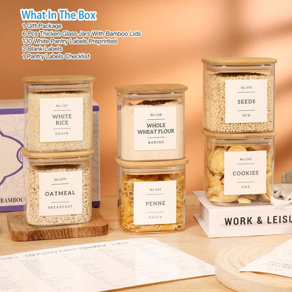 2 Pack large Square Glass Flour and Sugar Containers with 132 Kitchen Pantry Labels - 149 floz & 71 floz - Glass Jars with Airtight Bamboo Lid - Glass Rice Canisters for Coffee, Pasta, Cookie, Cereal