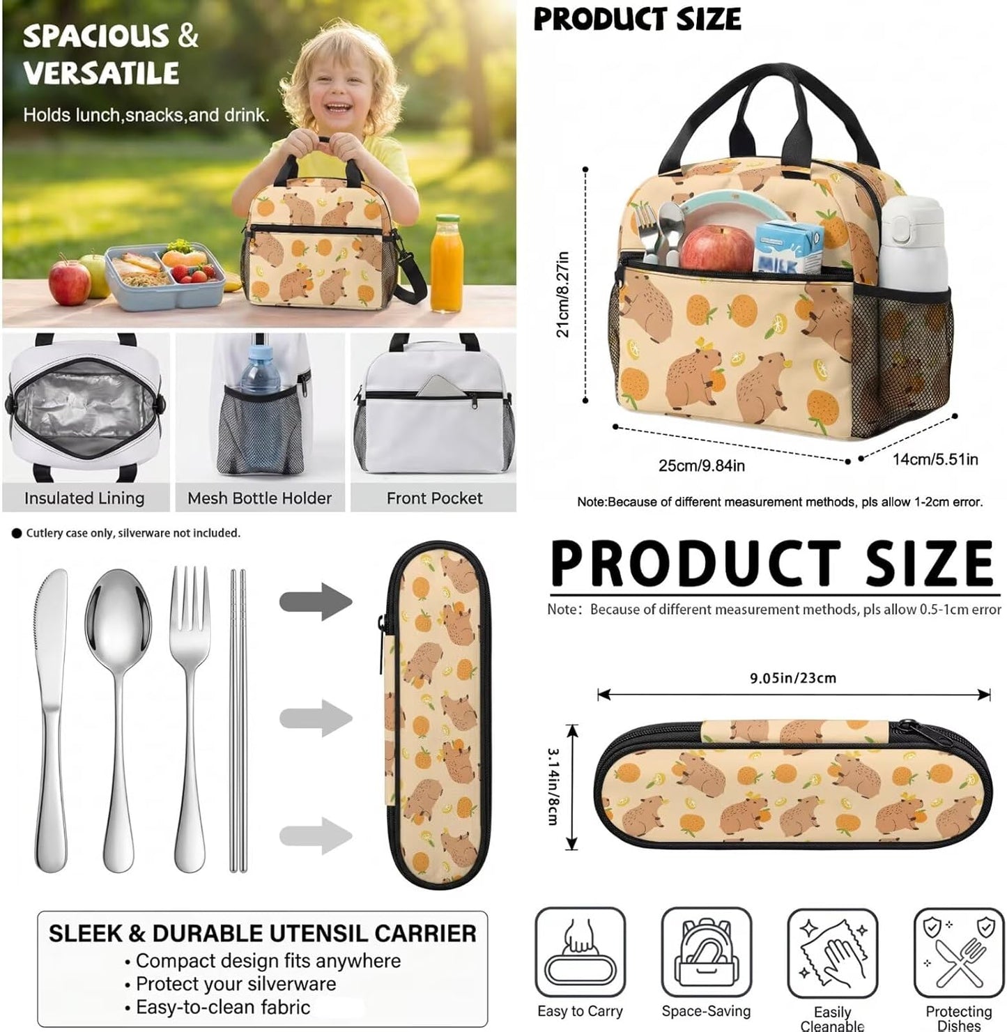 Cute Capybara Pizza Backpack for Girls, 5 Pcs Boys School Bag Set for Kids, 17 Inch Backpacks Lunch Pencil Box Reusable Utensils Case Set for Middle Elementary School, 3rd Grade Backpack